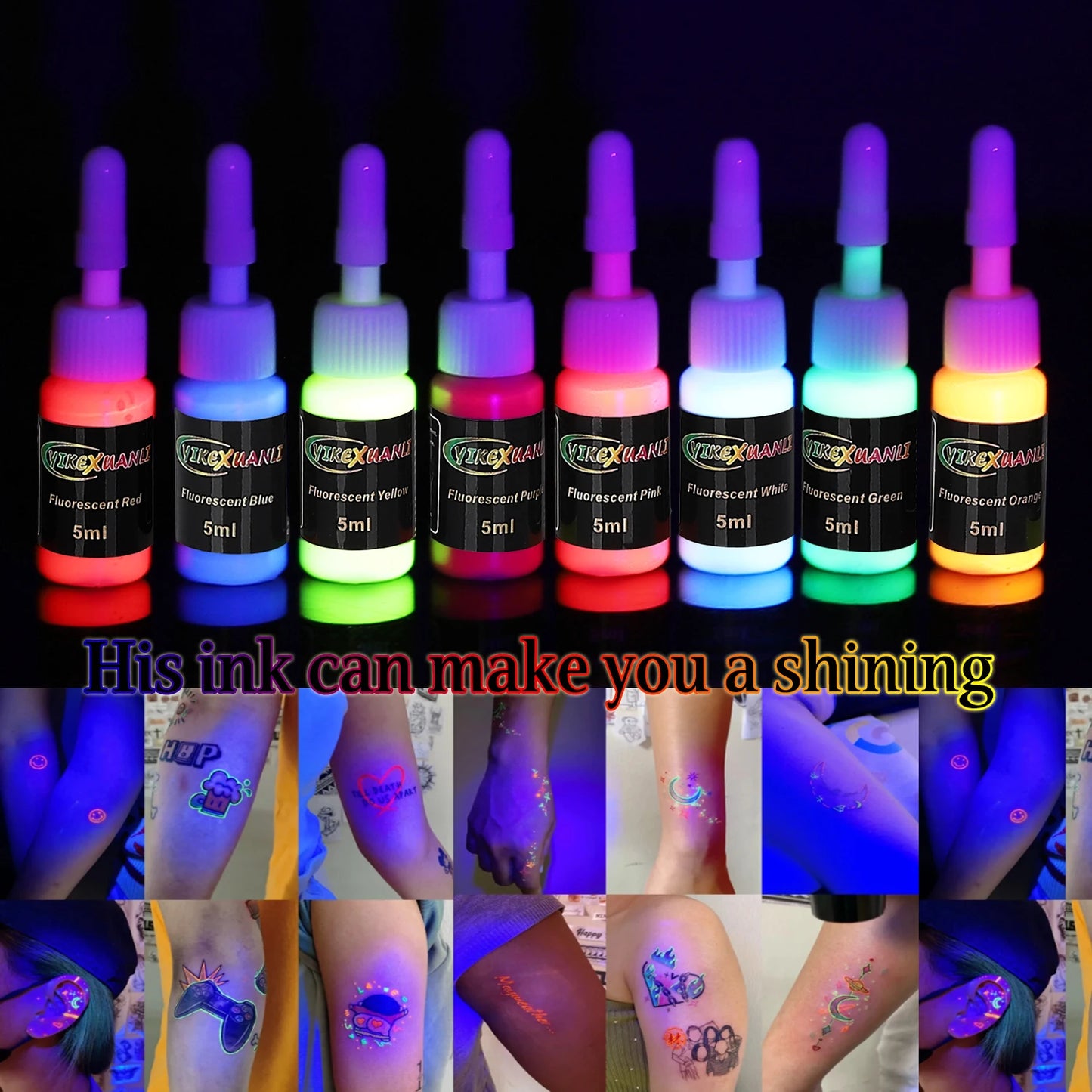 Fluorescent Tattoo Ink Kit 8 Color Fluorescent Tattoo Ink Kit Safe Non-toxic Fluorescent Ink Stylish Body Art Ink Kit That Glows