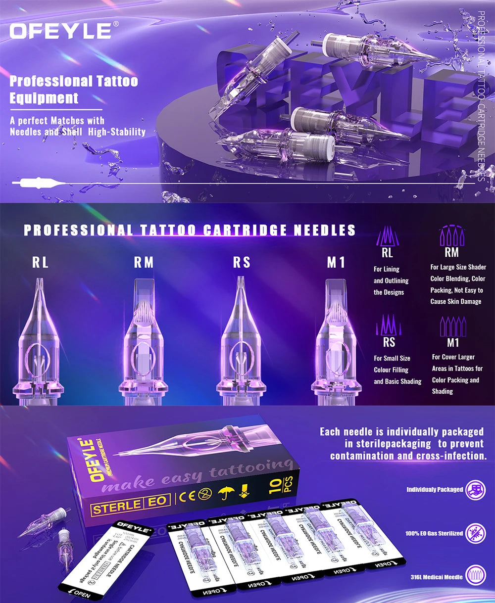 OFEYLE 20/50PCS Mixed Professional Tattoo Cartridge Needles with Membrane Safety Cartridges Disposable Tattoo Needle