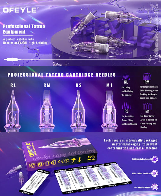 OFEYLE 20/50PCS Mixed Professional Tattoo Cartridge Needles with Membrane Safety Cartridges Disposable Tattoo Needle