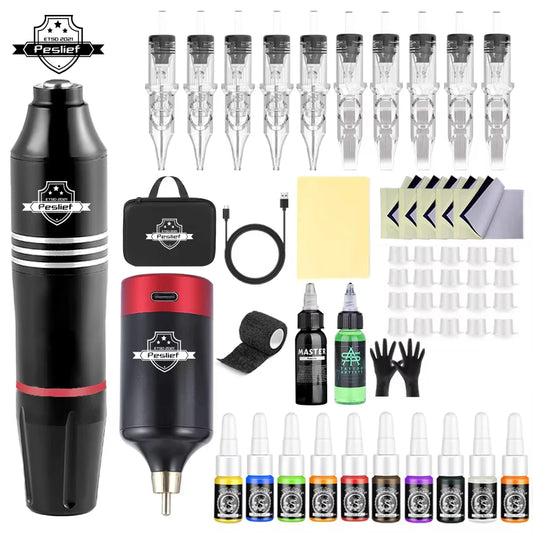 Professional Wireless Rotary Tattoo Machine Kit with 10Pcs Cartridge Needles Complete Set for Tattoo Artists and Beginners